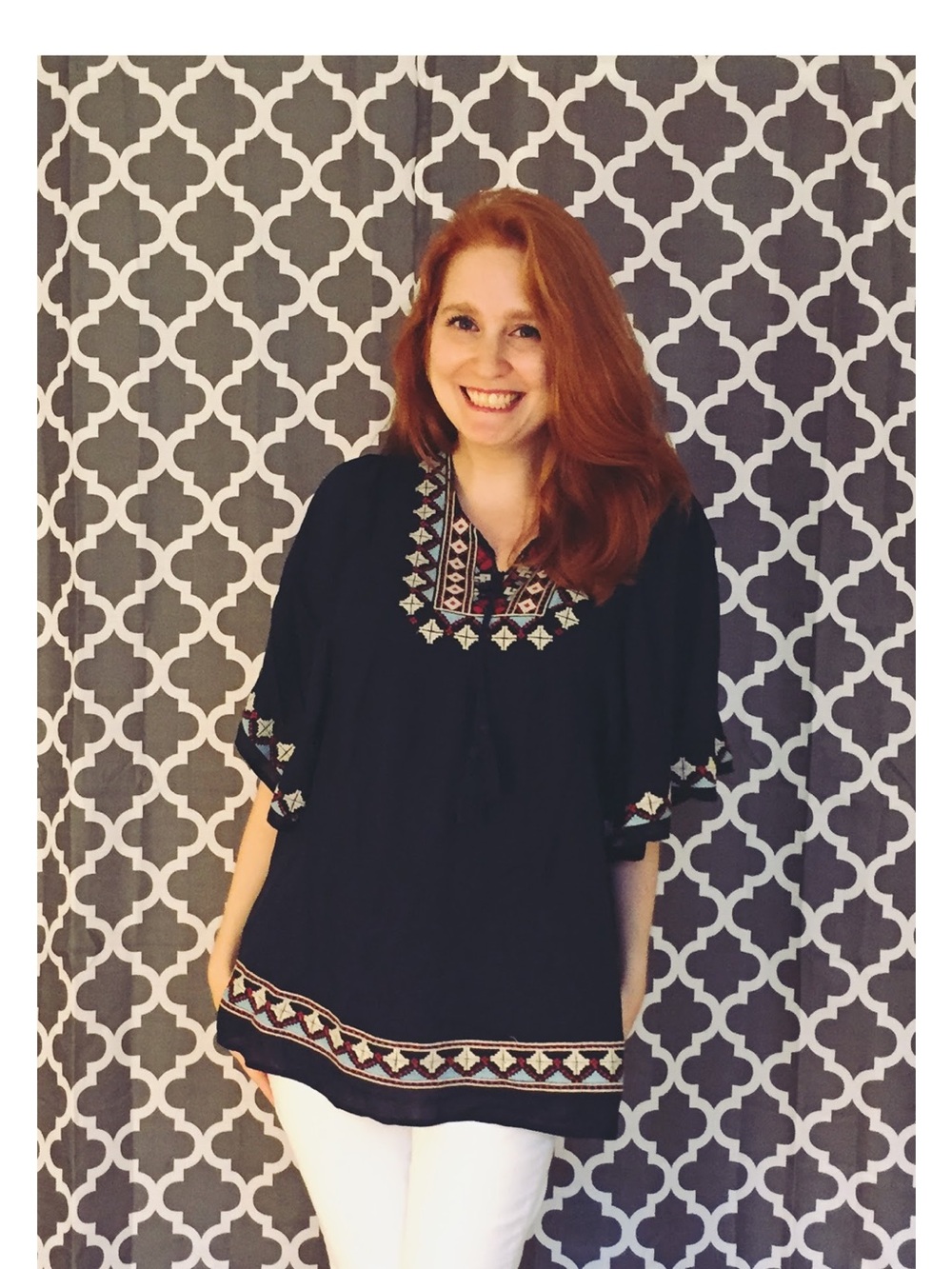 Alice Blue navy Embroidered Peasant Tunic with Multicolor Trim